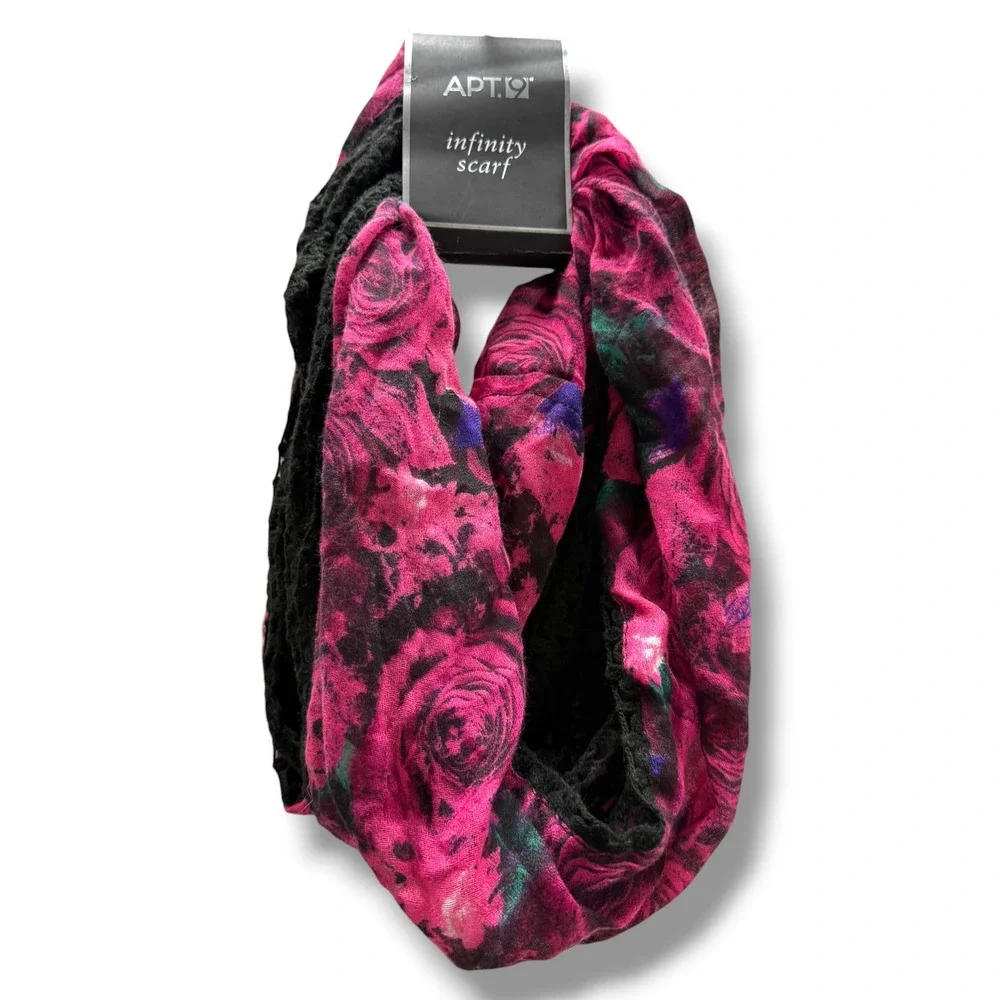 Apt. 9 Womens Pink Floral Rose Infinity Scarf Black Crochet Lace Trim New